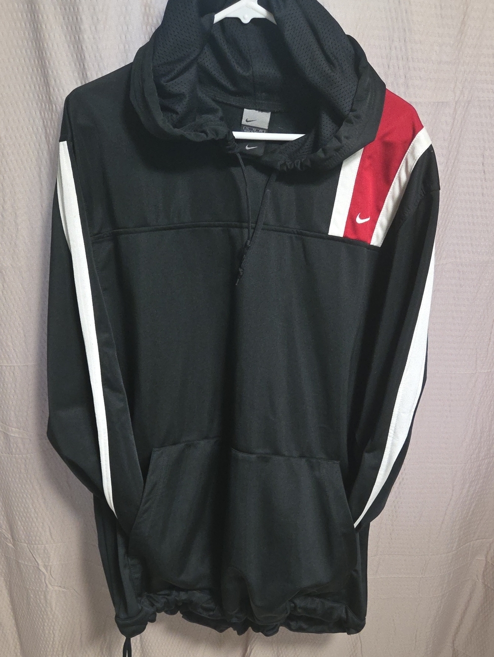 Nike Black Hooded Pullover Windbreaker with Red & White Accents, Size XL